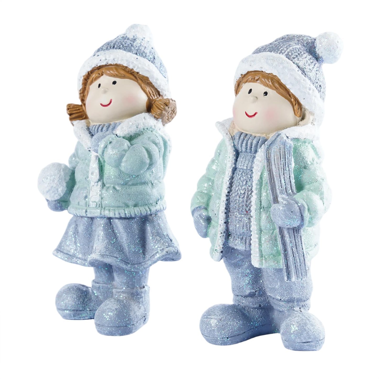 Brizoria Miniature People Figurines Set of 2 Glitter Resin Boy and Girl Winter Decorations for Home Indoor Tabletop Mantel Shelf Cute Christmas Home Decor Small Tiny People Figurines
