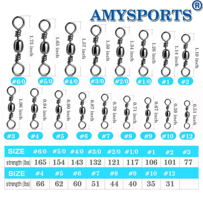 AMYSPORTS High Strength Fishing Swivels - Barrel Solid Ring & Rolling Fishing Tackle Line Connectors - Saltwater & Freshwater - Stainless Steel Accessories - 100pcs - 31lbs