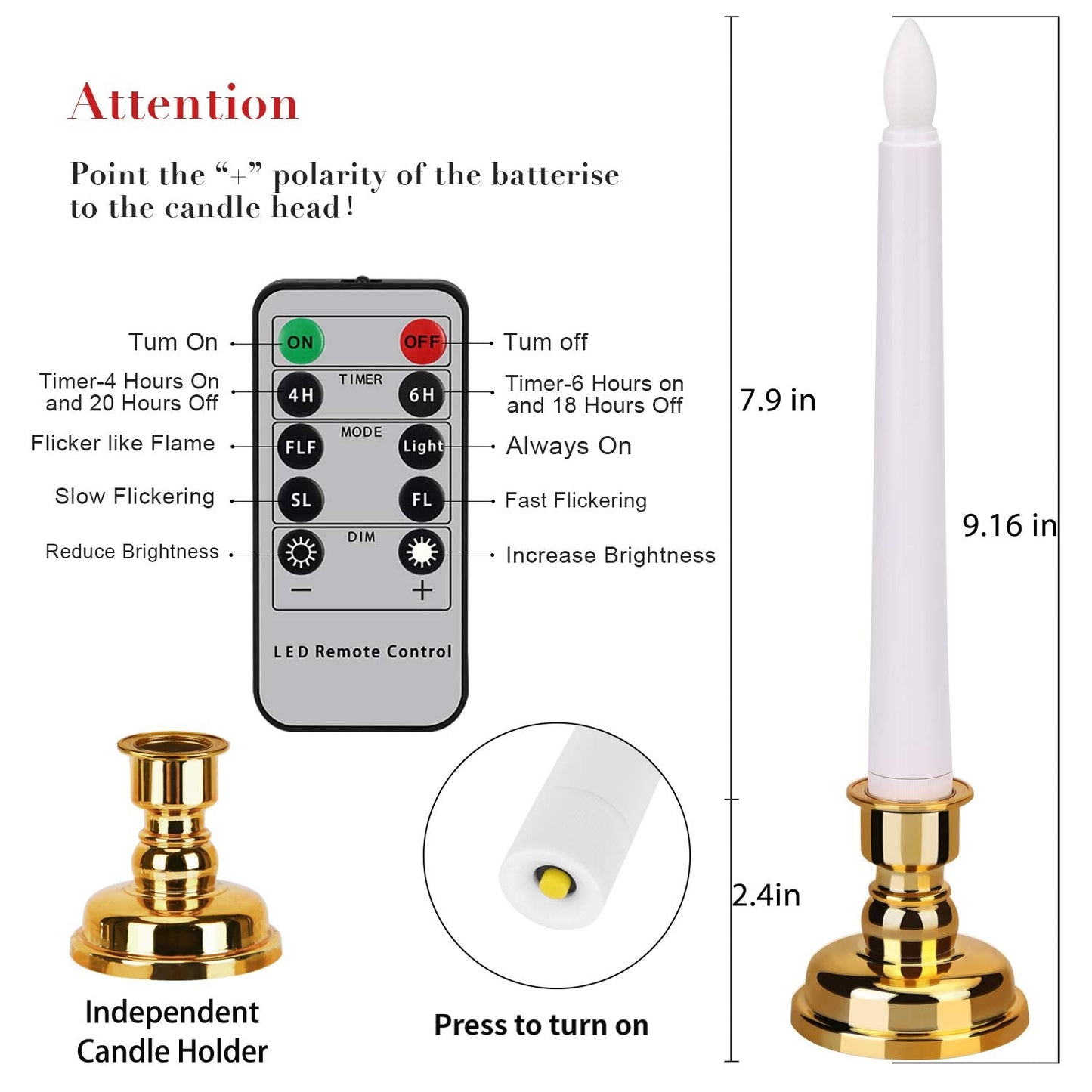 FREEPOWER Flameless Window Candles with Gold Bases, Battery Operated Taper Candle with 4H/6H Daily Timer, Remote Window Candle with Unique Flame