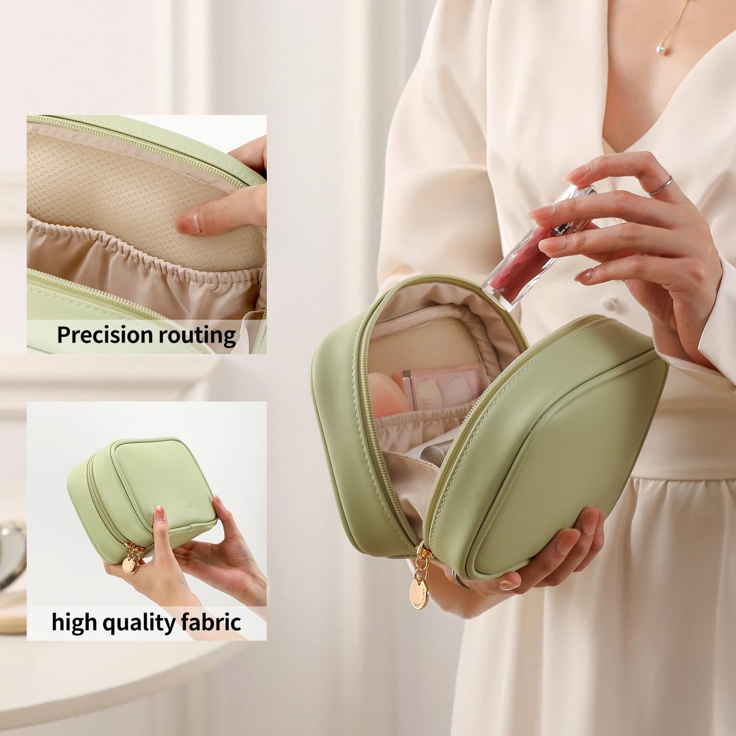 RIGHT AWAY Small Makeup Bag for Purse,Travel Cosmetic Bag Organizer for Women,Cute Make Up Pouch Waterproof Toiletry Bag with Zipper,Portable Makeup Case Skincare Bag for Travel Accessories(Green)