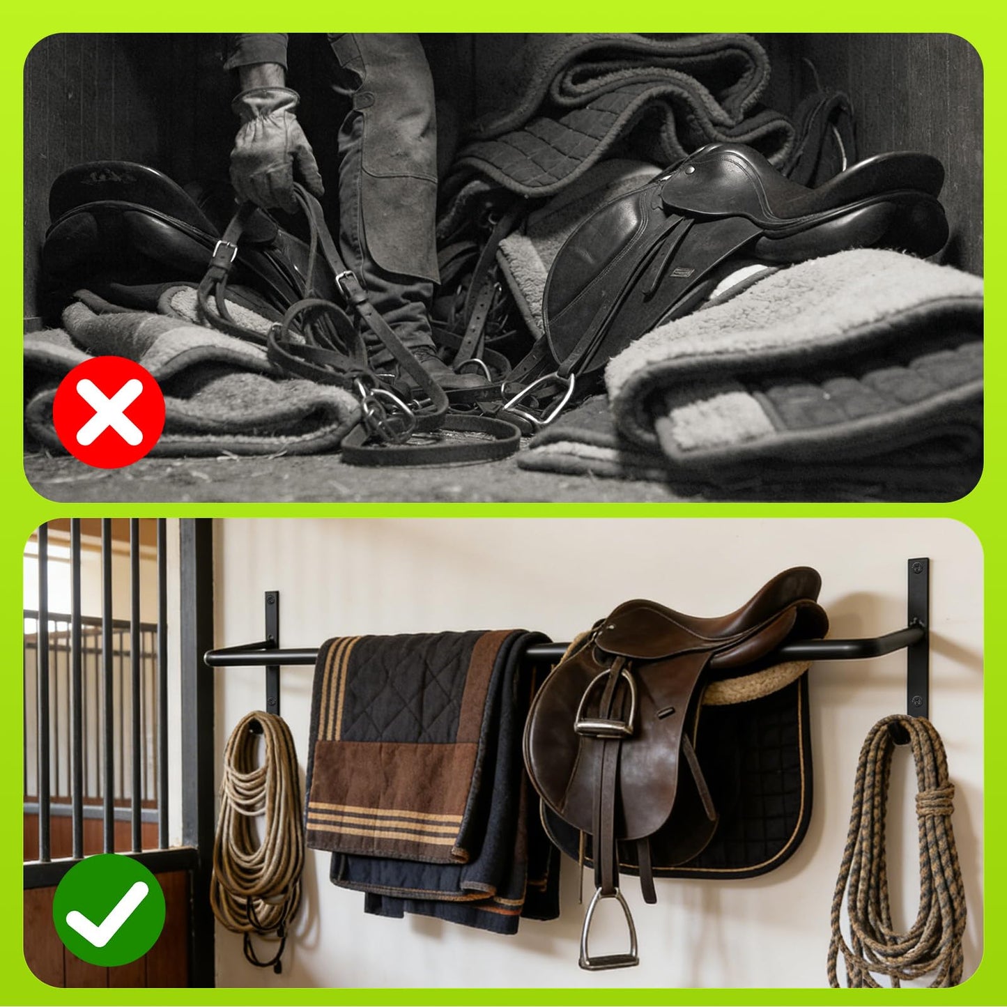 Zwinz 2Pcs Heavy Duty Horse Blanket Rack with Bridle Hooks, Wall Mounted Assembled Blanket Bar, Saddle Pad Rack for Horse Tack Storage, Black