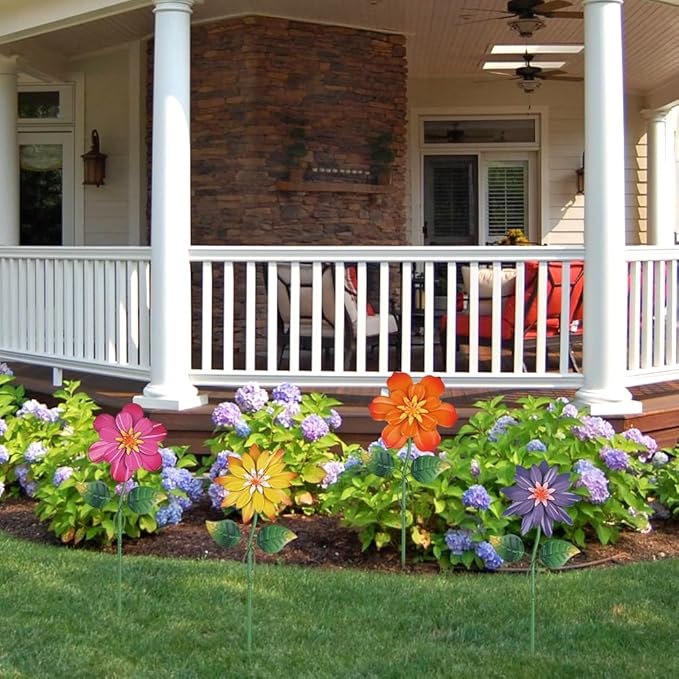hogardeck Metal Flower Decorative Garden Stakes,4 Pcs 19" Outdoor Garden Decor with Shaking Flower Head Yard Stakes, Yard Art Spring Decorations for Patio Lawn (Pink & Yellow & Purple & Orange)
