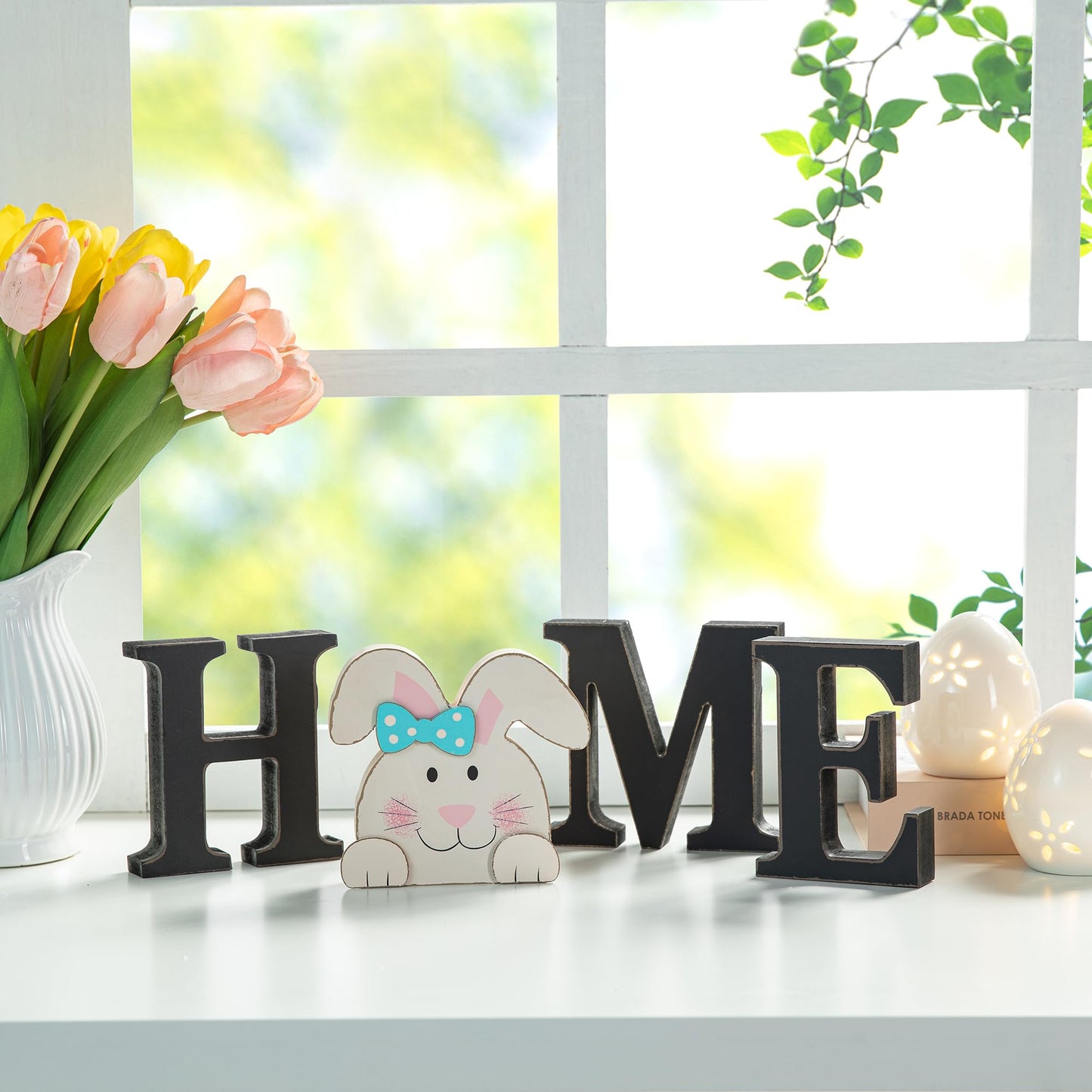 Glitzhome Interchangeable Home Table Signs with 13 Pcs Seasonal Icons, Wooden Changeable Home Sign for Holiday Decor, HOME Letter Sign Ornaments Set Interchangeable Holiday Decorative Shelf Blocks
