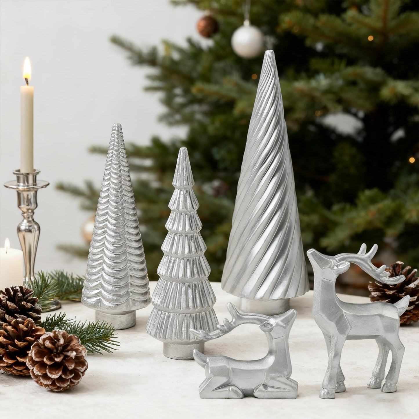 WDS WONDROUS Christmas Decor Trees and Reindeer Figurines Decoration- Sliver Set of 5 Christmas Tree Statues and Deer Decor Set, Resin Ornaments Tabletop Shelf Office Indoor