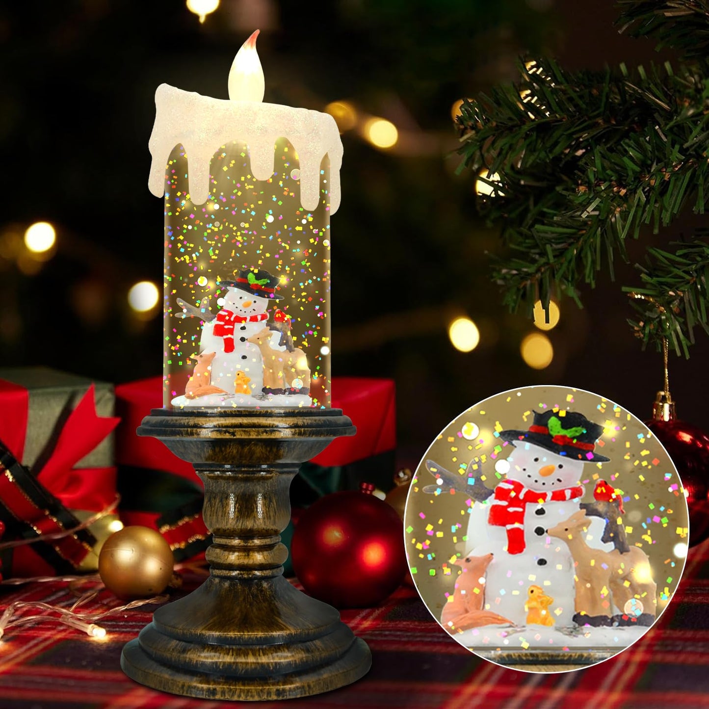 AOMIL Christmas Flameless Candles, Flickering Flameless Candles with Timer, LED Candles Battery Operated, Snow Globe Candle Light for Christmas Decorations