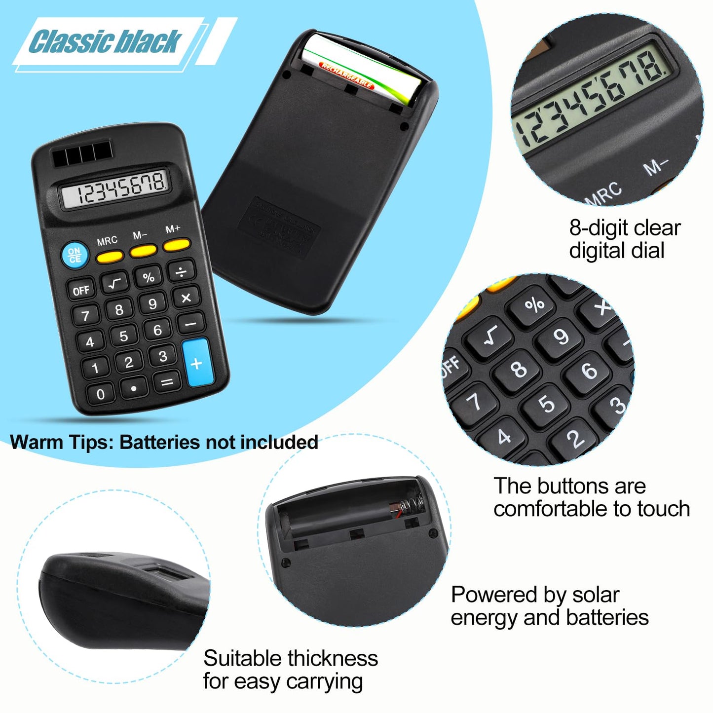 Loccmat 24 Pieces Pocket Calculator,Pocket Size Mini Calculators,Solar Battery Dual Power Function Calculator,8 Digit Display Basic Calculator for Students Kids Home Office(Black)