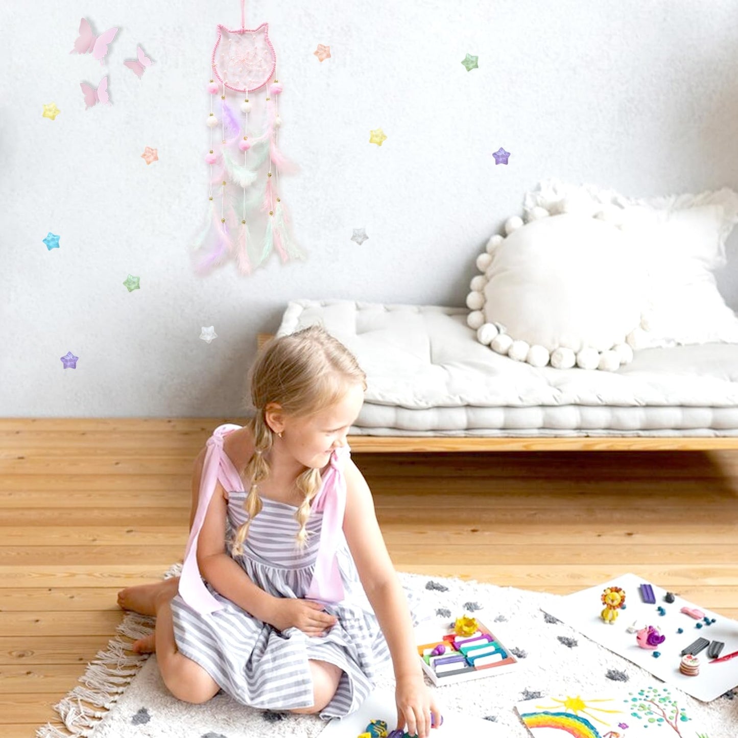 Fun-Plus Pink Dream Catcher Wall Hanging Set - 10 Butterflies & 16 Stars, Boho Room Decor for Girls, Easy Peel & Stick Wall Art for Bedroom, Nursery, Teen Room for Daughter, Birthday, Christmas