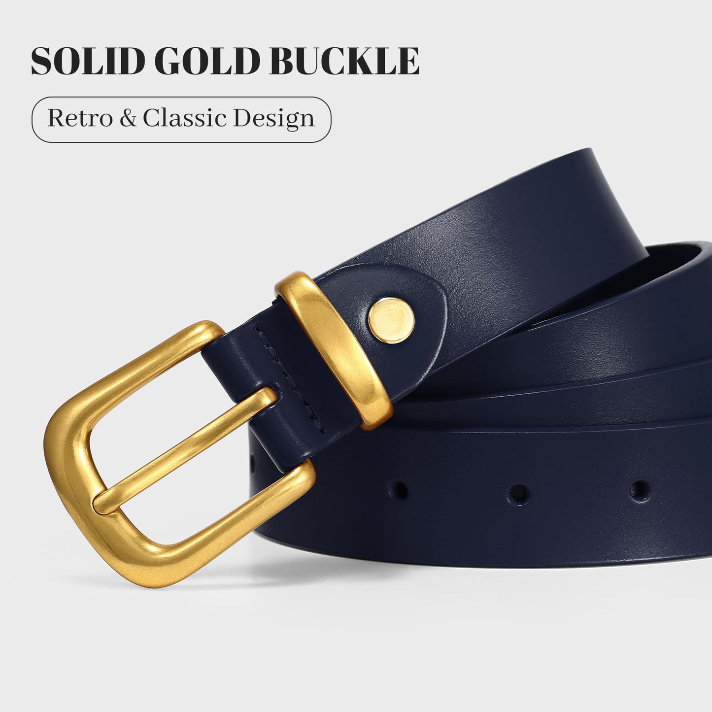 WHIPPY Womens Genuine Leather Belts for Jeans Pants Fashion Vintage Ladies Leather Belt with Gold Buckle, Navy Blue, S