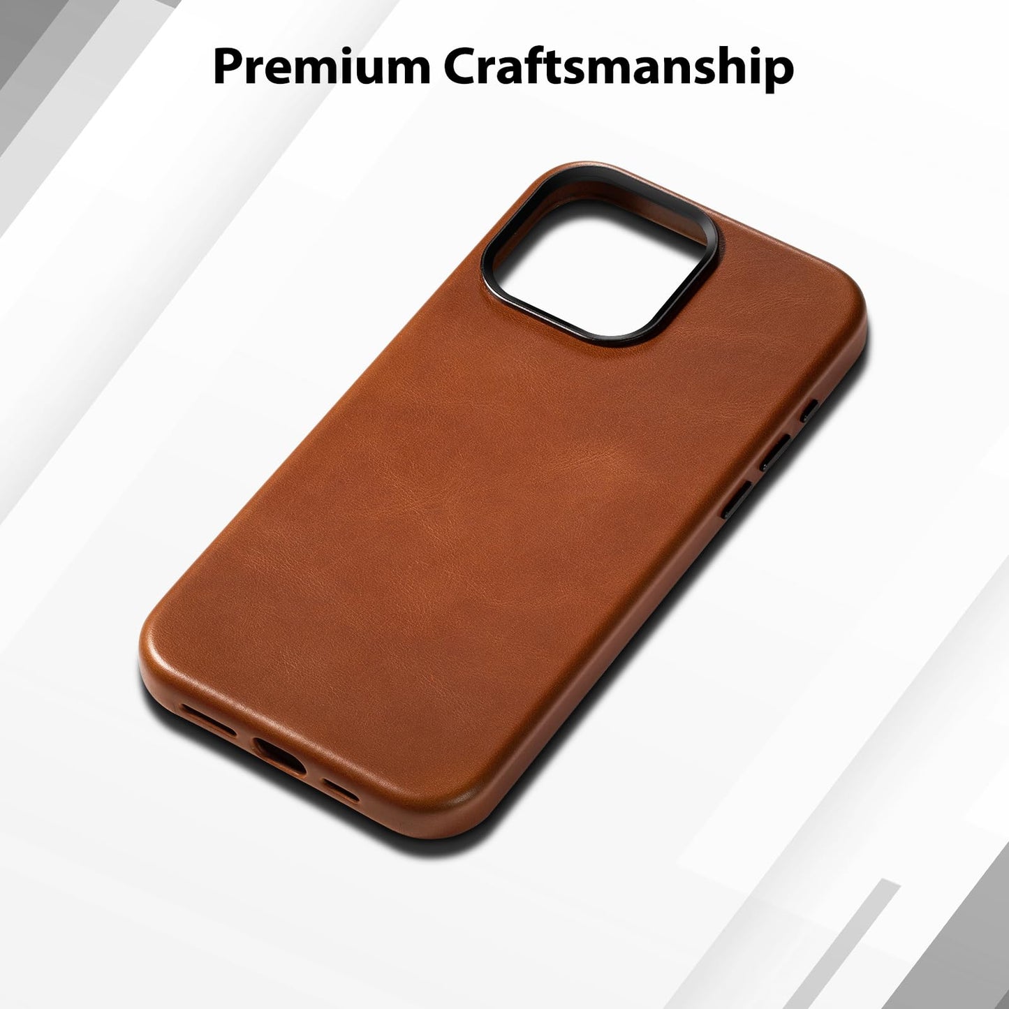 Belemay for iPhone 13 Pro Max Leather Case Compatible with MagSafe, Full-Grain Vegetable-Tanned Leather, Metal Buttons & Camera Bezel - Slim Fit&Sleek- Luxury Phone Cover (6.7-inch)-Saddle Brown
