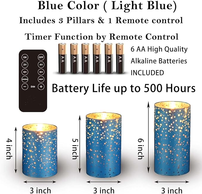 Flameless Blue Mercury Glass LED Pillar Candles with Remote and Timer, Battery Included, Flickering Warm White Light, Set of 3 for Christmas, Holiday, Home Décor, Weddings, Parties