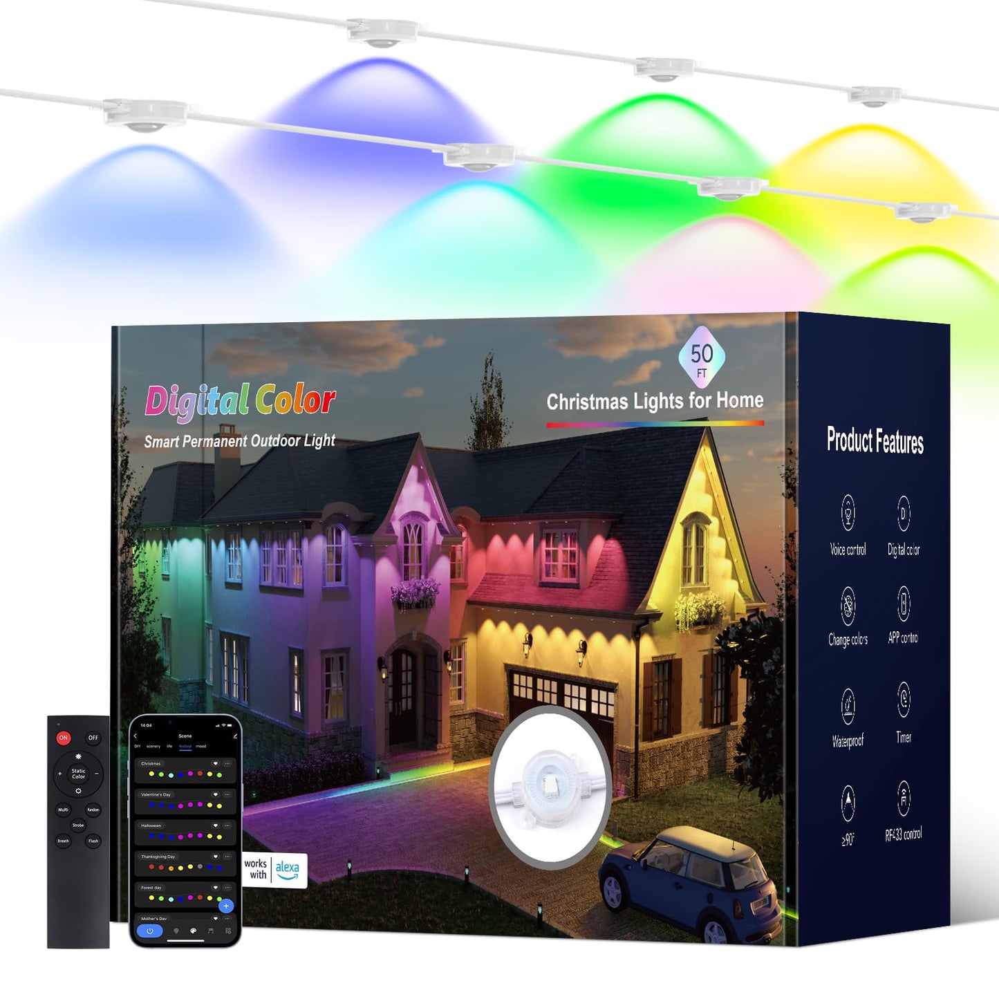 Isalelala Permanent Outdoor Lights, 50ft with 30 RGB LED Lights for Christmas and Daily, 49 Scene Modes+DIY for Christmat Decor, IP66 Waterproof for Outdoor, Compatible with Alexa, Google Assistant