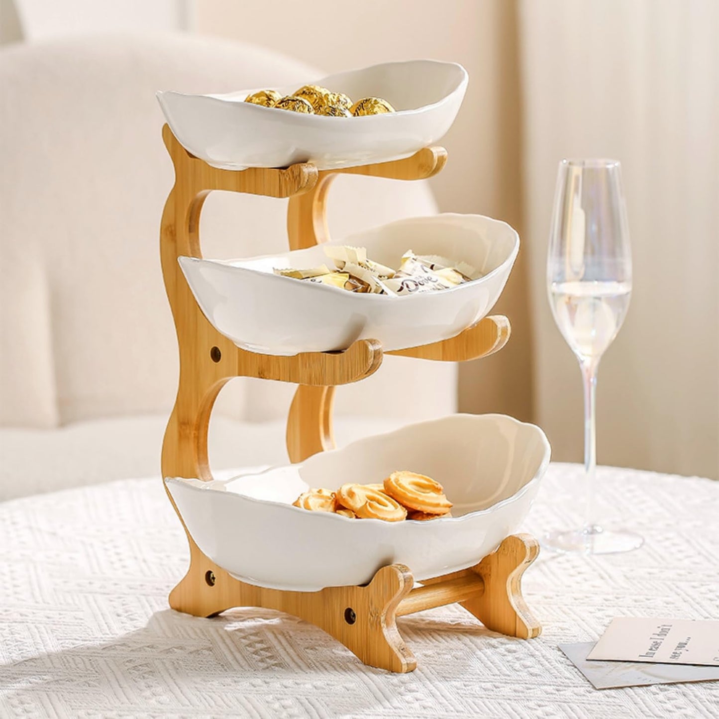 YWHWXB Multi-Layer Fruit Bowl with Natural Bamboo Rack,Plastic Wooden Frame Candy Plate,Large Capacity Snack Bowl Set,Bamboo Food Serving Tray for Kitchen Counter (White, Triple Layer)