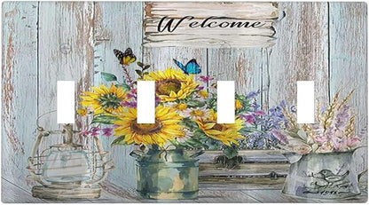 Sunflower Vintage Barn Wooden 4 Gang Decorative light switch plate Cover Sun floral Quad Toggle Wall Plate Covers Switchplate Electrical Faceplate Farmhouse Home Livingroom Decor