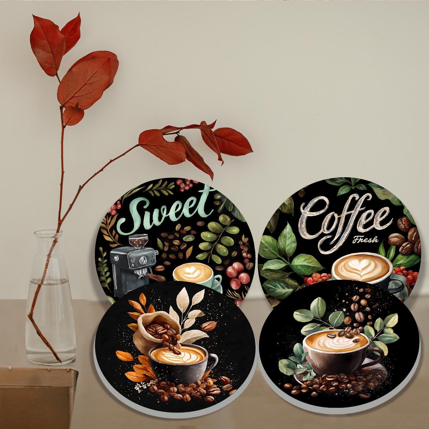 Tucocoo Coffee Stove Burner Covers Sweet Home Metal Stove Burner Cover,Set of 4,Coffee Beans Dining Room Gas Stove Burner Covers Cartoon Pattern Round Burner Cover Cooktop Decorations