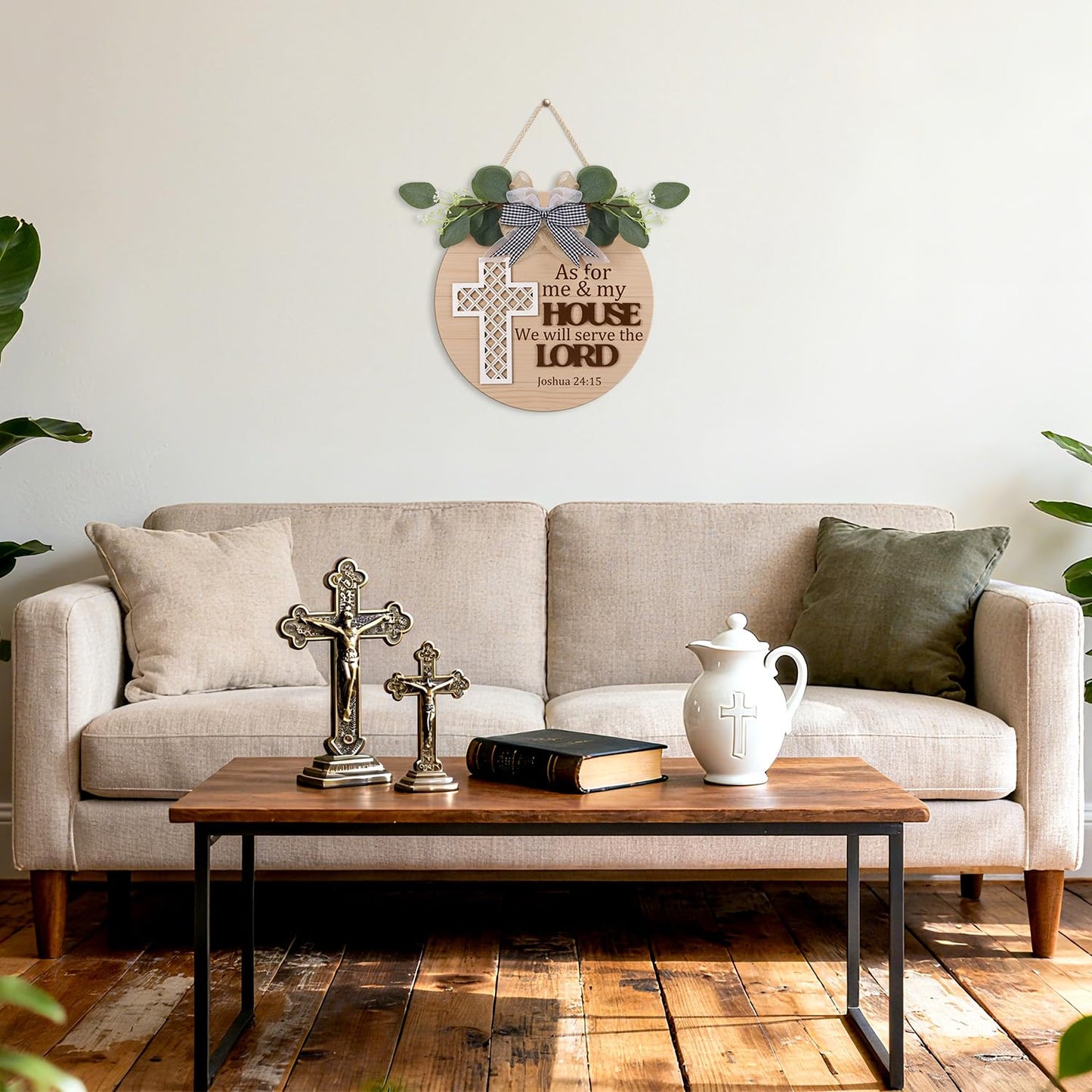 TOARTi Christian Cross Front Door Sign Wreath (11.4"x11.4"), Bible Verse Joshua 24:15 We Will Serve The Lord Wall Sign Hanging, Religious Home Wooden Door Decoration for Housewarming