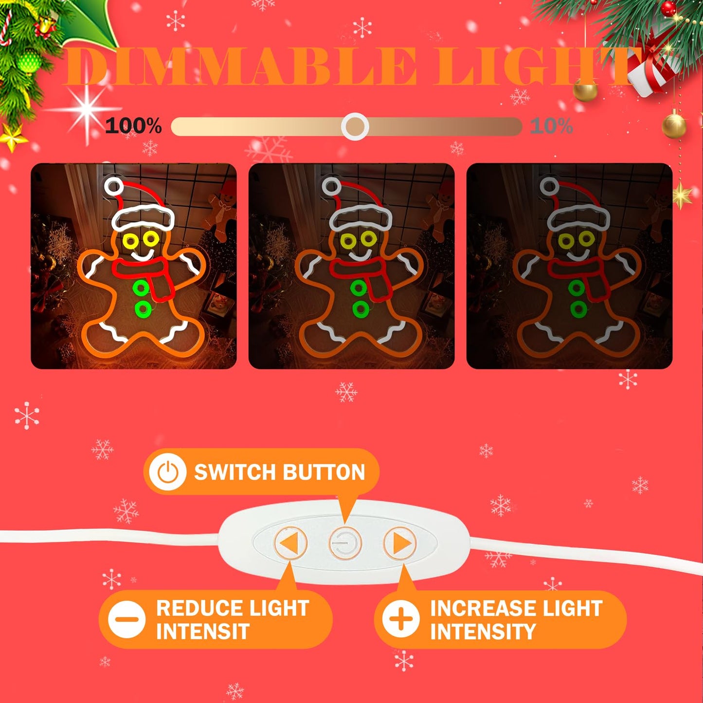 Gingerbread Man Neon Sign Dimmable Gingerbread Christmas Neon Lights for Window, Bedroom, Living Room LED Gingerbread Man with Scarf and Santa Hat Neon Sign for Christmas Party Gifts