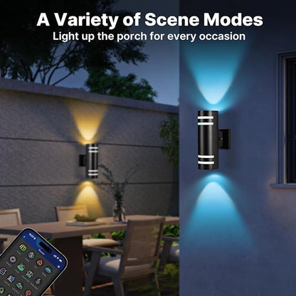 RGB Up and Down Lights Outdoor Wall Lights 4 Packs, Smart Color Changing Outdoor Wall Sconce WiFi Voice & App Control,Aluminum Waterproof Exterior Lights for Porch Compatible with Alexa
