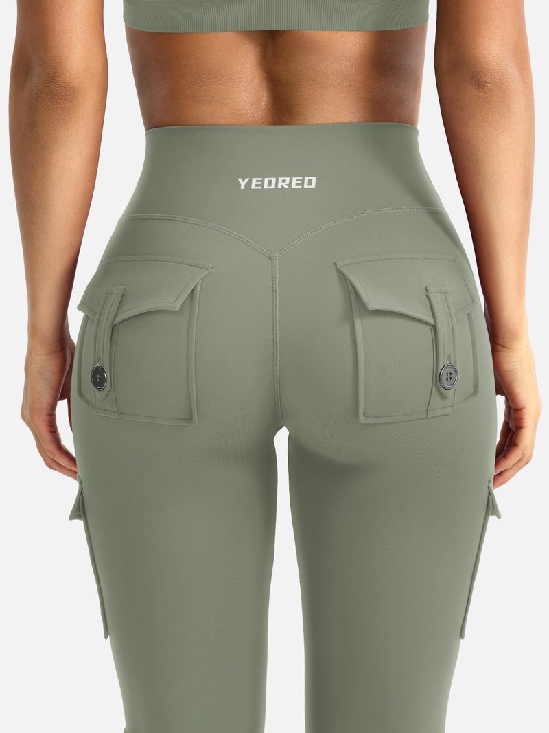 YEOREO CoreFlex Women Workout Flare Leggings with Pockets Hidden Scrunch High Waisted Cargo Gym Yoga Leggings Light Army Green XXL
