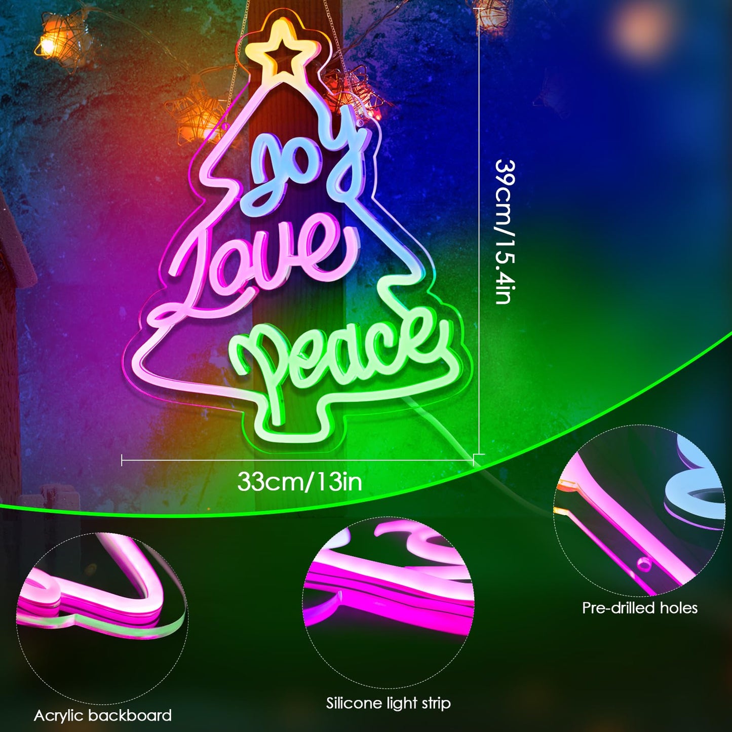 KHK JOY LOVE PEACE Neon Sign CHRISTMAS TREES Led Neon Pink Lights for Bedroom Led Sign USB Powered for Wall Decor Dimmable for Christmas Thanksgiving Birthday Party Girls Gifts