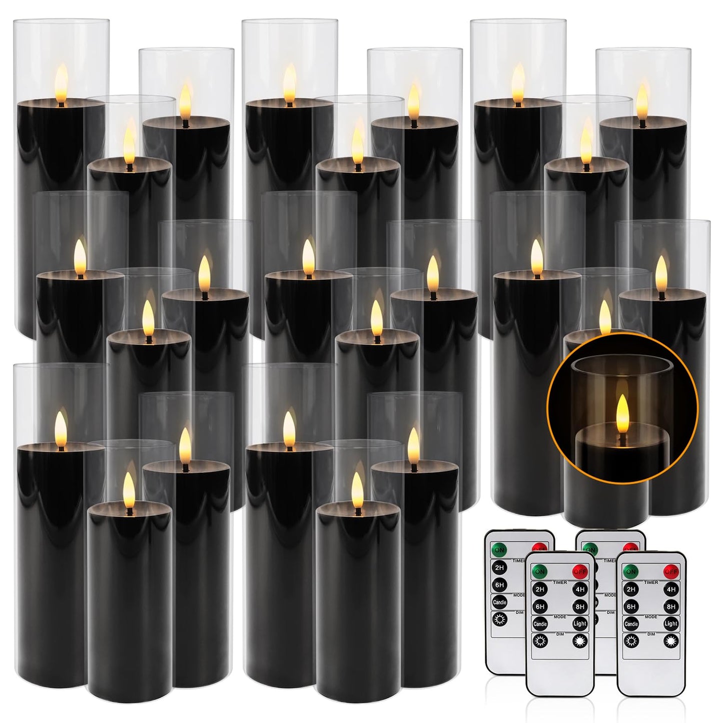 fclayvts 24Pack Black Flickering Flameless LED Candles with Remote & Timer, Small Pillar Acrylic LED Candles Perfect for Indoor/Outdoor Decor,Wedding,BBQ and Gift - Easily Create a Magical Atmosphere.