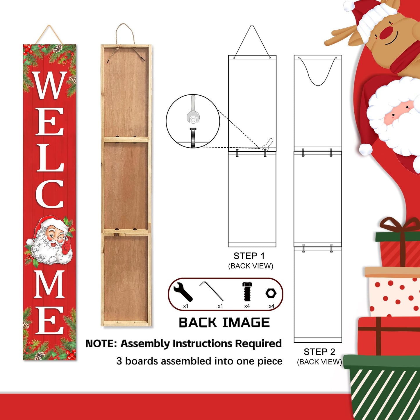 Christmas Wooden Porch Sign 47" Santa Claus Large Welcome Porch Sign for Home Front Door Yard Party Decor(Red)