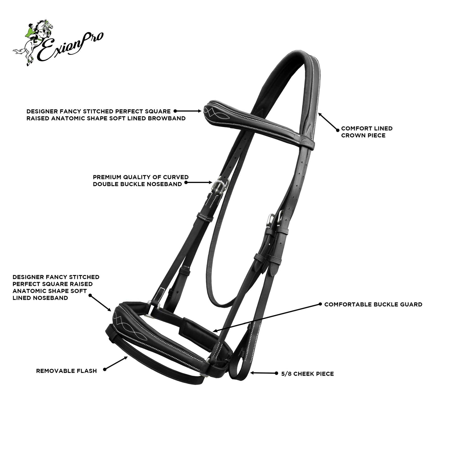 Exion Horse Dressage Bridle with Soft Padded Anatomical Crank Noseband & Reins | Fancy Square Raised Browband | Comfort Crownpiece | Premium Vegetable Tanned Leather