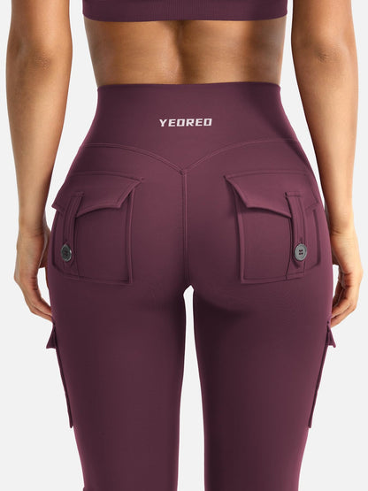 YEOREO CoreFlex Women Workout Flare Leggings with Pockets Scrunch Cargo Gym Yoga Leggings Black Cherry M