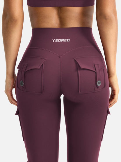 YEOREO CoreFlex Women Workout Flare Leggings with Pockets Hidden Scrunch High Waisted Cargo Gym Yoga Leggings Dark Cherry XS