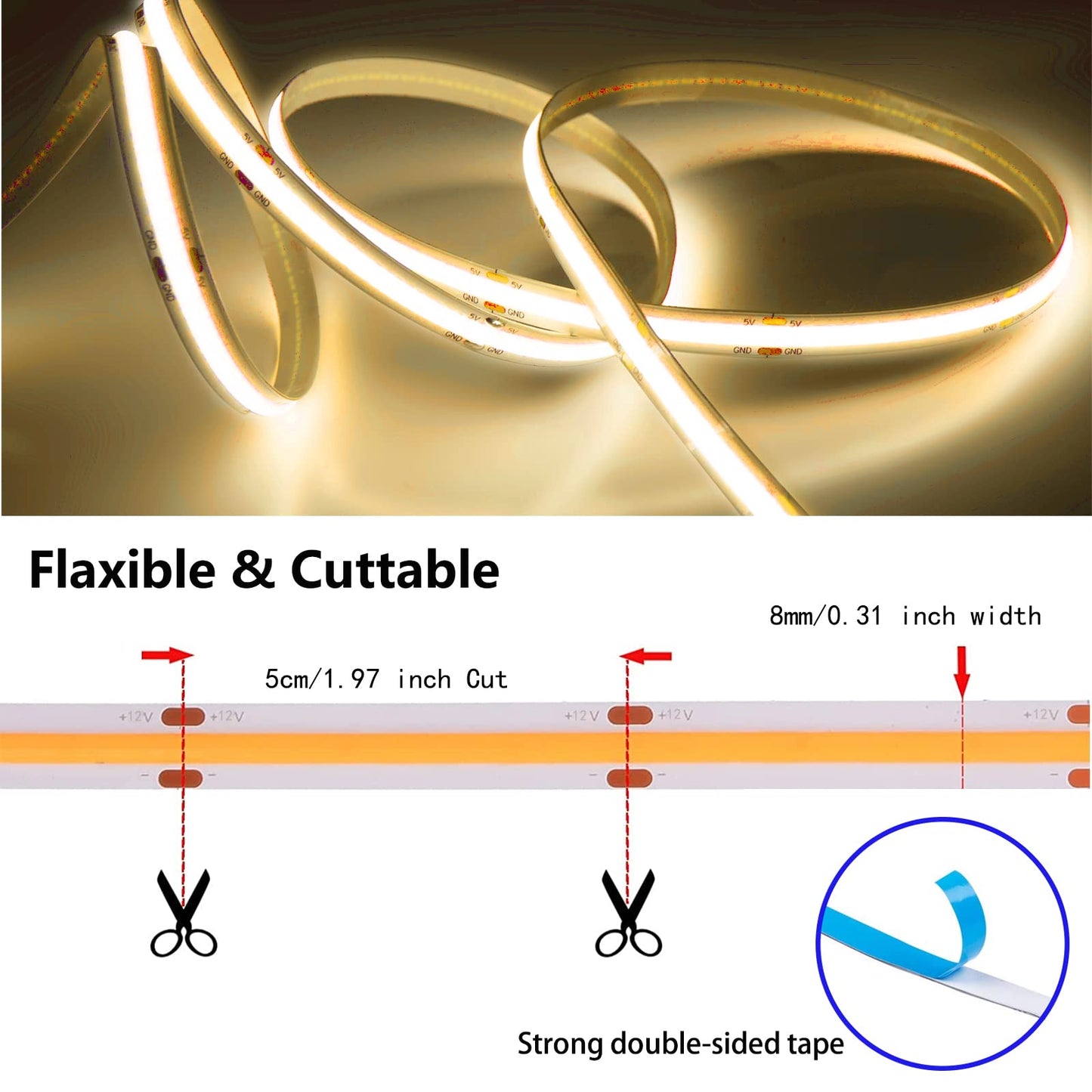 MDee】COB LED Strip Lights 4000K Nature White 16.4ft/5m USB Powered 5V Flexible LED Tape Lights with USB Connector CRI 90+ 800LM/m 320LEDs/m for Indoor and Outdoor Décor（4000K Nature White16.4ft/5m）