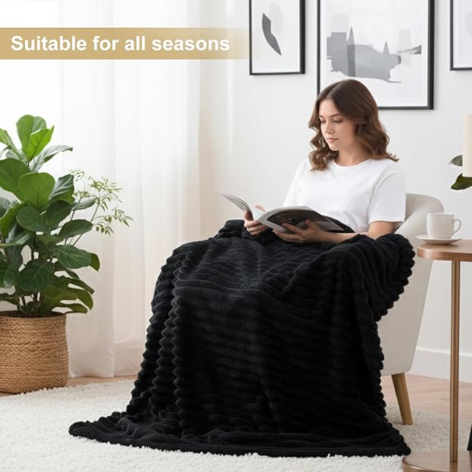 decorUhome Soft Fleece Black Throw Blanket for Couch, Cozy Fluffy Plush Flannel Striped Blanket for Sofa Bed, Lightweight Decorative Ribbed Fuzzy Blanket for Woman, 50x60 Inches