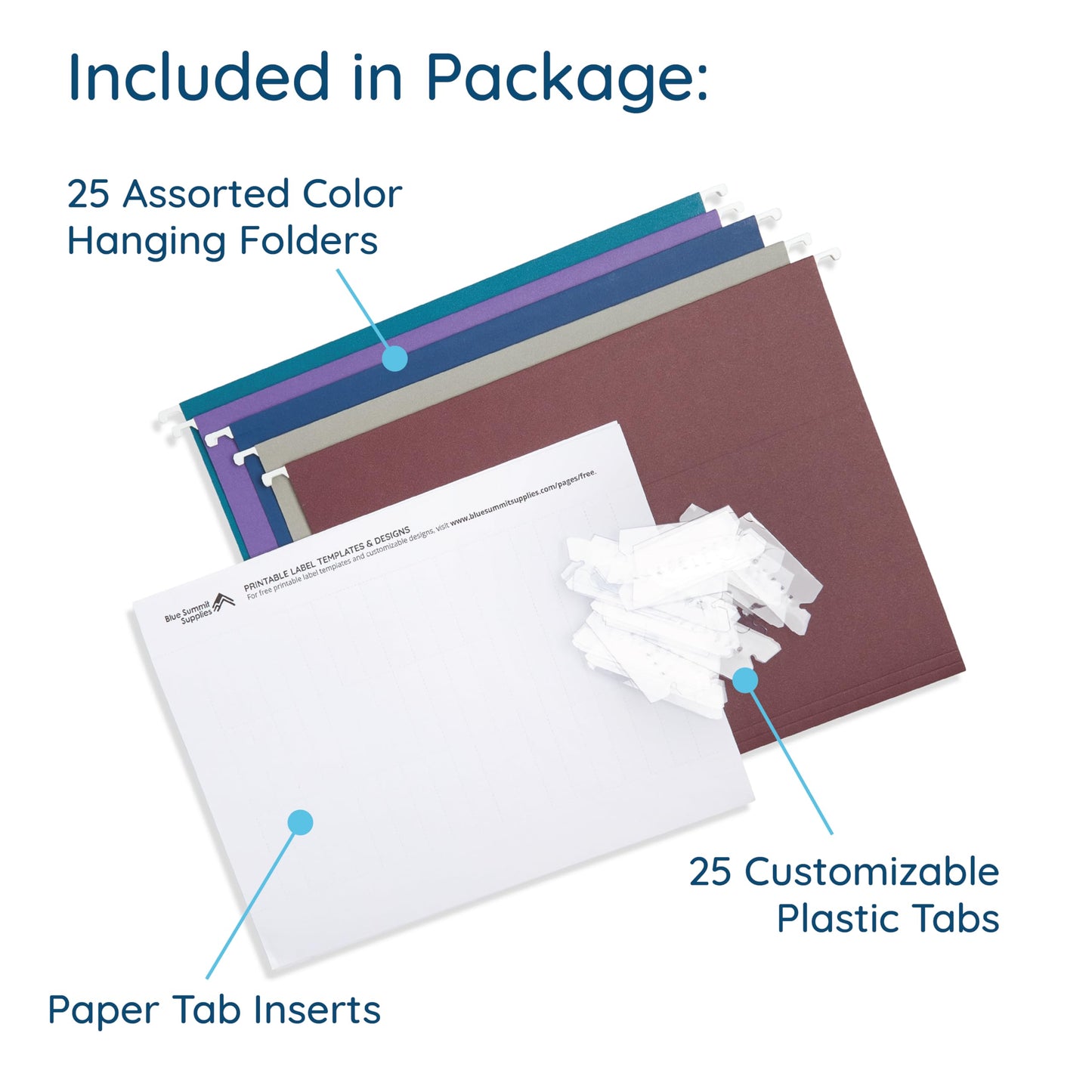 Blue Summit Supplies 25 Jewel Tone Hanging File Folders Letter Size with Tabs, Reinforced Hanging File Folders Jewel Tone, Includes Plastic Tabs and Inserts