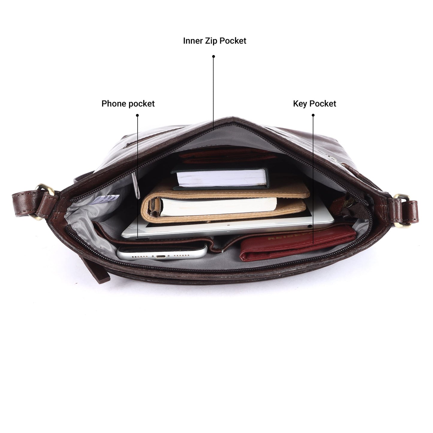 LEDERBUCK Terry Large Soft Real Leather Crossbody handbag-Triple Zip Premium Sling Crossover Shoulder Bag for Women (Brown)