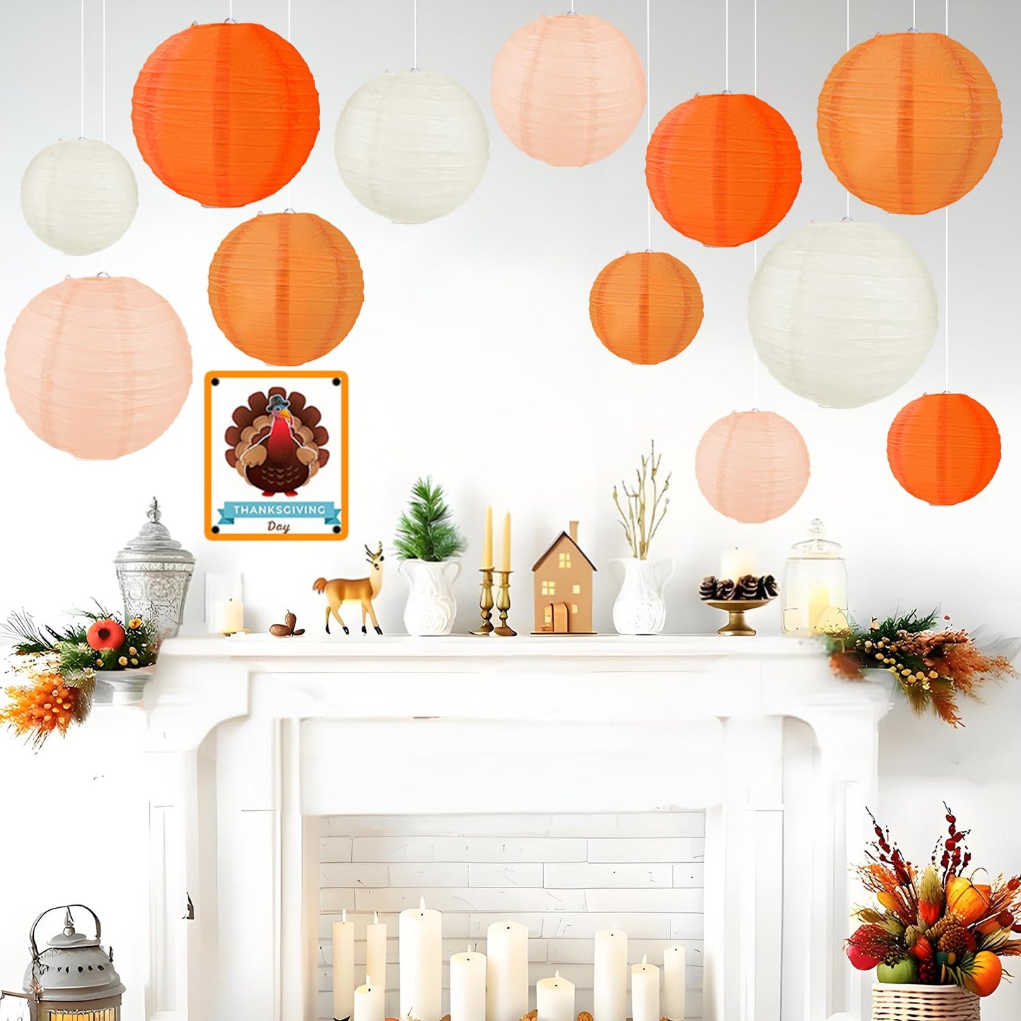 FUGUIR Fall Paper Lanterns, Orange Peach Cream Thanksgiving Party Hanging Paper Lanterns for Fall Festival Wedding Baby Shower Birthday Party Supplies (12 PCS)