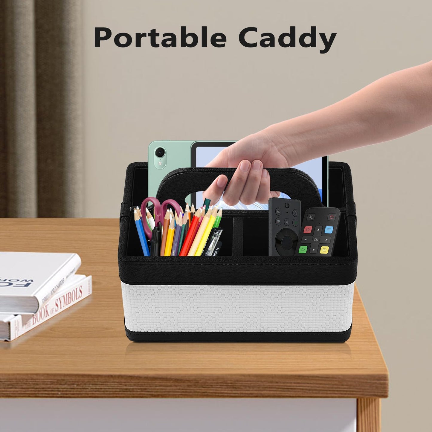 RHCSZ Desk Organizer Caddy with Handle-Portable PU Leather Remote Control Holder-Nightstand Dresser Tote Storage for Sunglasses,Comb,Small iPad,Pen,Heater Controllers,Cosmetics and Office Supplies