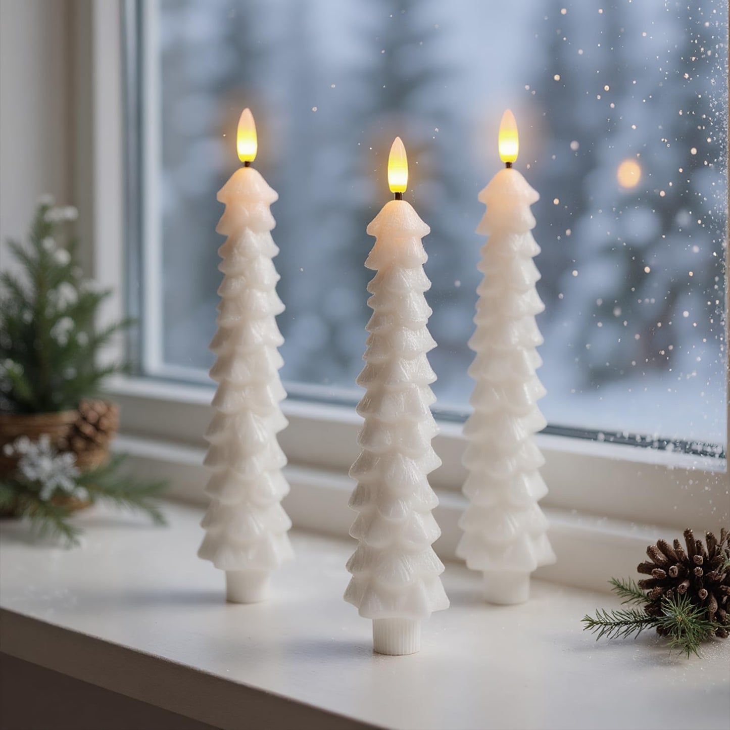 Lasumora Christmas Tree Candles with Remote Timer, 4 Pcs Waxy Flameless Taper Candles Flickering, Battery Operated LED Candlesticks with 3D Flame Wick, White Window Candle for Christmas Decorations