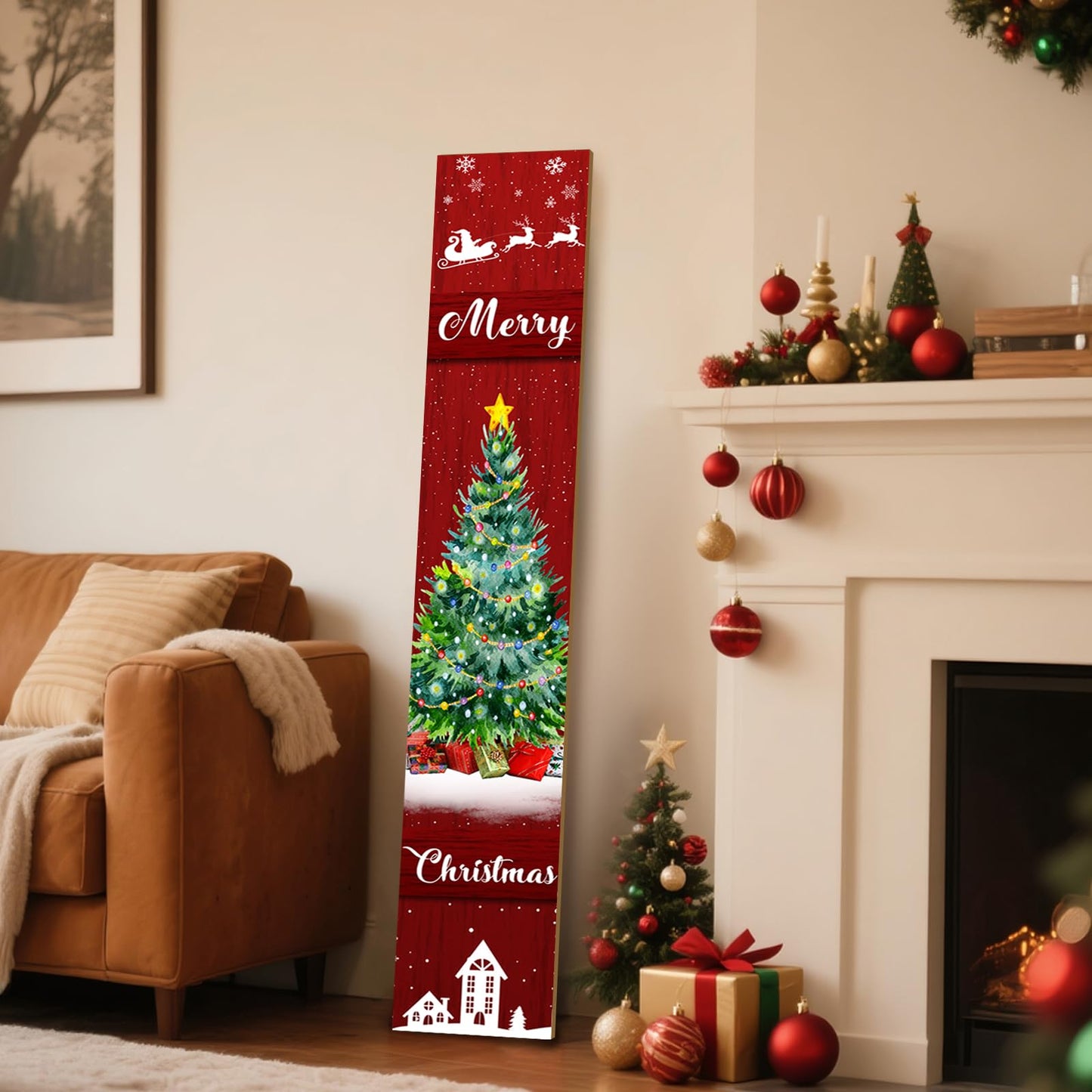 Merry Christmas Sign for Front Porch Standing, Reindeer Snowflake Wooden Sign, Xmas Welcome Porch Sign for Outdoor Yard Wall Decorations 47.2" H (Merry Christmas)