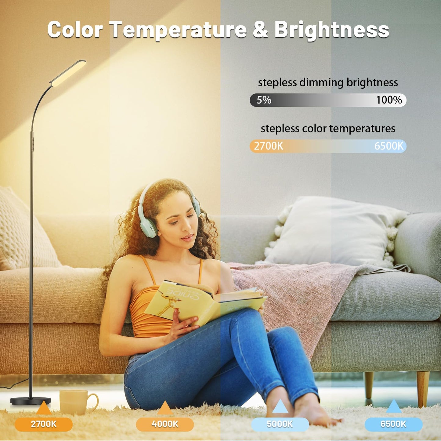 Yikuneng Dimmable LED Floor Lamp, Super Bright Reading Lamps Floor Standing lamp with Remote & Touch Control, Stepless Dimming & 2700K-6500K Color Temperature, for Living Room Bedroom Office, Black