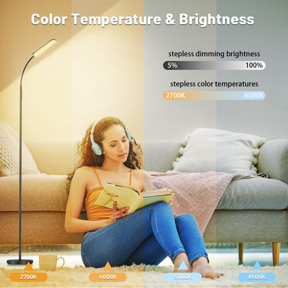 Yikuneng Dimmable LED Floor Lamp, Super Bright Reading Lamps Floor Standing lamp with Remote & Touch Control, Stepless Dimming & 2700K-6500K Color Temperature, for Living Room Bedroom Office, Black