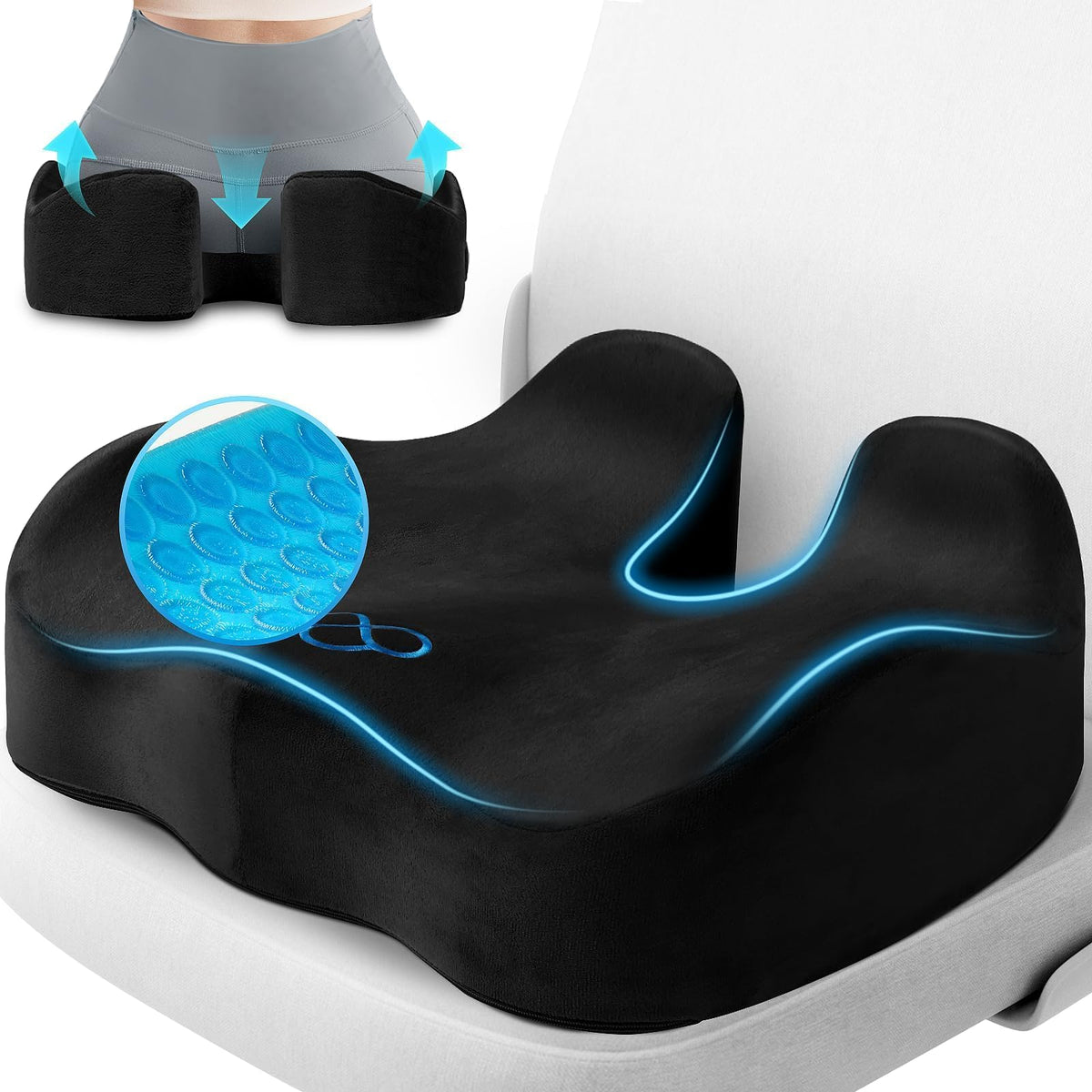 CushyOasis Seat Cushion, Gel Chair Cushions, Office Chair Cushions, Anti-Slip Bottom & Removable Cover Tailbone Pain Relief Cushion, Memory Foam Seat Cushion for Office, Wheelchair, Car (Black)