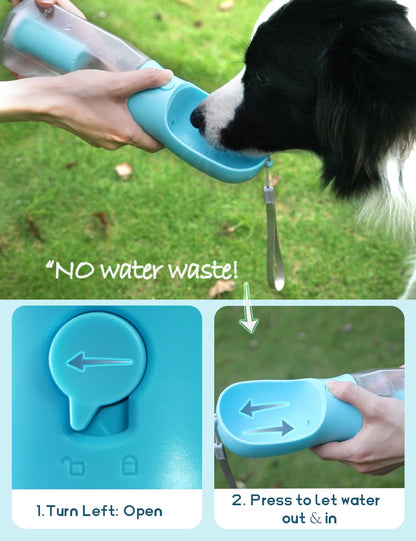 MoonyMars Portable Water Bottle for Dogs, 3 in 1 Pet Travel Bowl Dispenser with Food Treat Container & Poop Bag Holder, Summer Outdoor Walking Hiking Accessories for Large Dog On The Go - Blue, 20oz