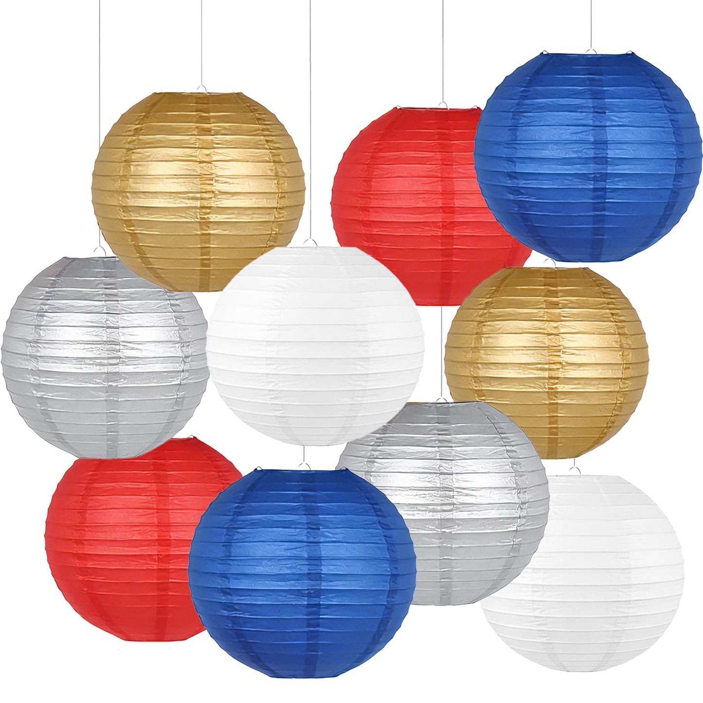 AimtoHome Paper Lanterns Set (10 Pcs)- 8/10 Inch Royal Blue, Red, White, Gold & Silver Round Hanging Paper Lanterns for Wedding, Birthday, Patriotic Holiday, Party Decor, Baby Showers & Home Accents