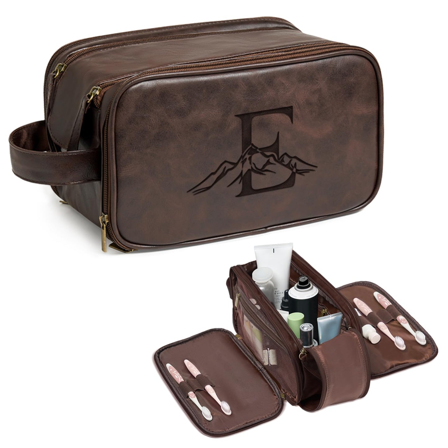 Janhavi Leather Toiletry Bag for Men, Personalized Laser Engraved Initials & Mountain, Toiletry Bag For Shower Caddy, Cruise Ship Essentials, Groomsmen Gifts, Men's Accessories (Dark Brown E)