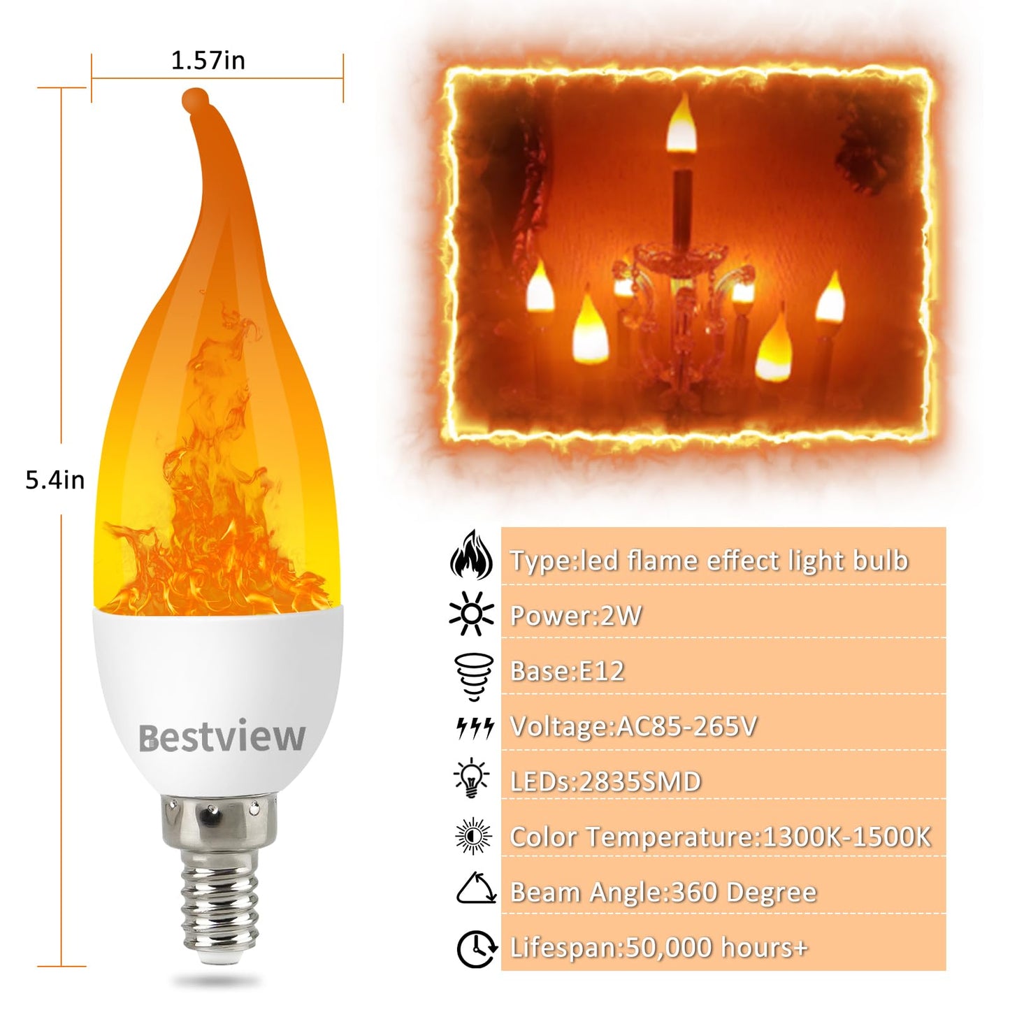 Bestview LED Flame Effect Light Bulbs,3 Modes Flickering Light Bulbs, Smart E12 Chandelier Base Candle Fire Light Bulb for Halloween, Christmas,Party, Porch, Indoor&Outdoor Home Decoration -2 Pack