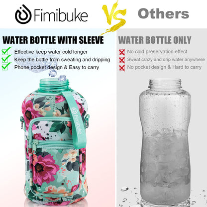 Fimibuke Half Gallon Water Bottle with Sleeve 64 OZ Water Bottle with Handle & Straw Leakproof Motivational Sports Gym Water Bottle with Time Marker Water Jug with Neoprene Holder - Floral Bloom