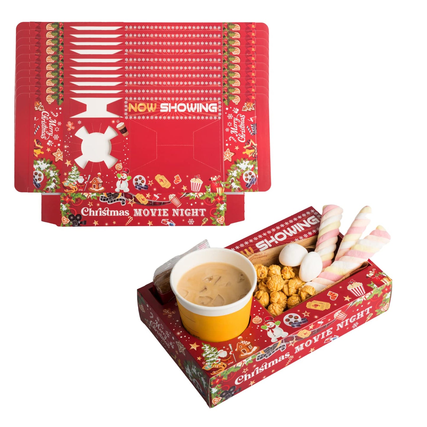 40 Pcs Christmas Party Supplies - Xmas & Birthday Party Favors - Snowman Family Movie Night Paper Snack Trays - Popcorn & Drink & Candy Box
