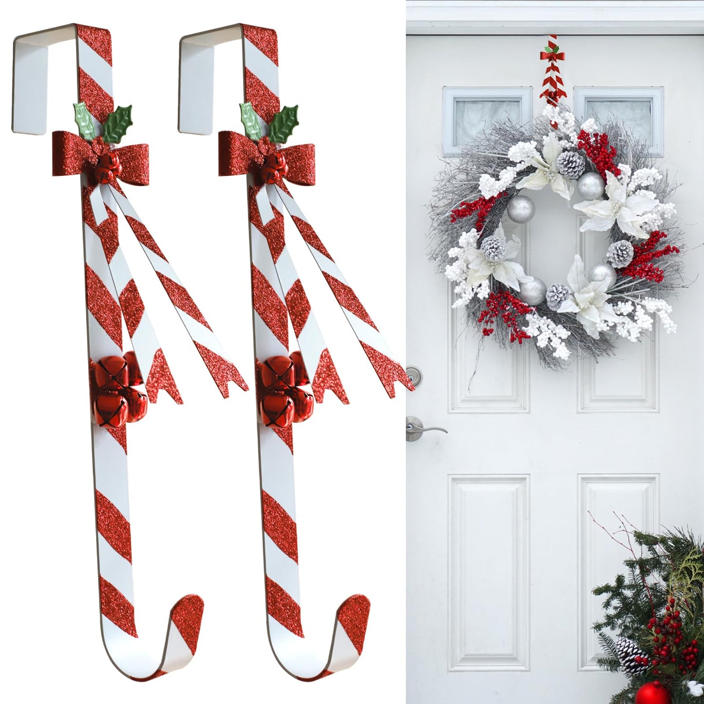 WKHOMEDECO 2 Pack Candy Cane Wreath Hangers for Front Door,Christmas Decoration Metal Over The Door Wreath Hanger Ornament,Door Wreath Hanger
