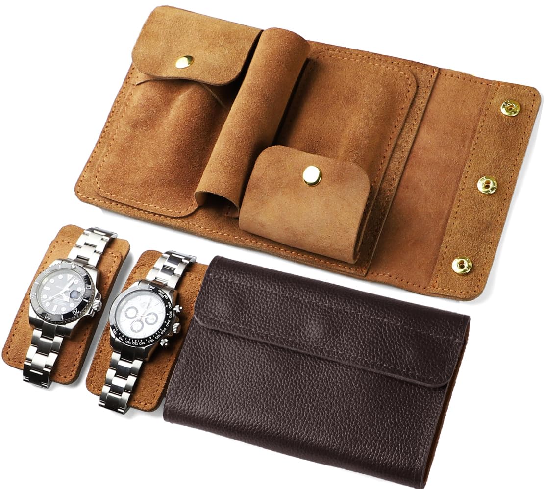 Sight Focus 2 Slots Portable Travel Watch Box Full Leather Double Watch Case Pouch Watch Holder Organizer Storage Jewelry Wristwatch Roll Secure Storage Durable Easy Carry On Coffee