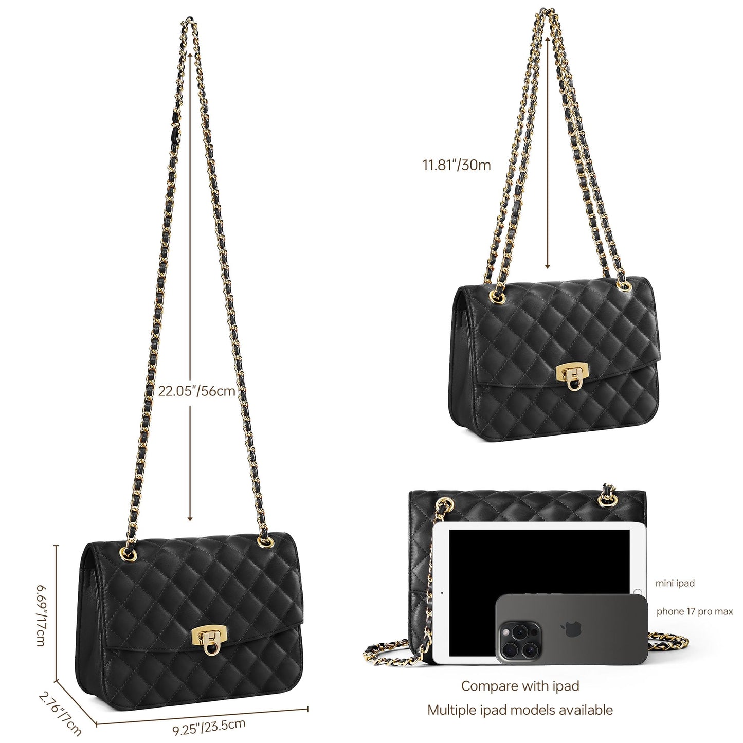 GEMIU Quilted Crossbody Purse for Women Small Women's Shoulder Handbags Womens Clutch Purses with Gold Chain Dressy Black