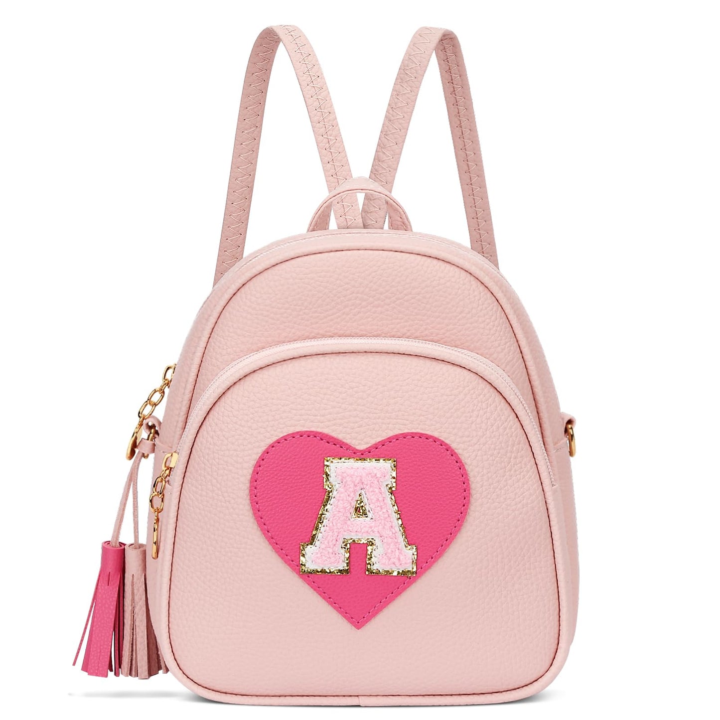 CLOUDWINGS Birthday Gifts for Kids Gifts for Girls Little Girl Initial Mini Heart Backpack Purse Crossbody Bag with Tassel，Pink-A