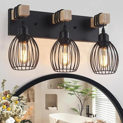 3-Light Farmhouse Vanity Light for Bathroom, Wood Wall Sconce with Elegant Teardrop Cage, Industrial Black Vanity Lights Over Mirror for Living Room Bedroom Hallway